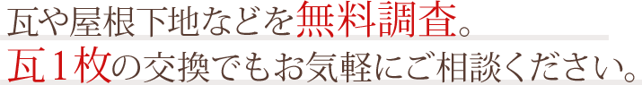 雨漏り、瓦や屋根下地などを無料調査。瓦1枚の交換でもお気軽にご相談ください。